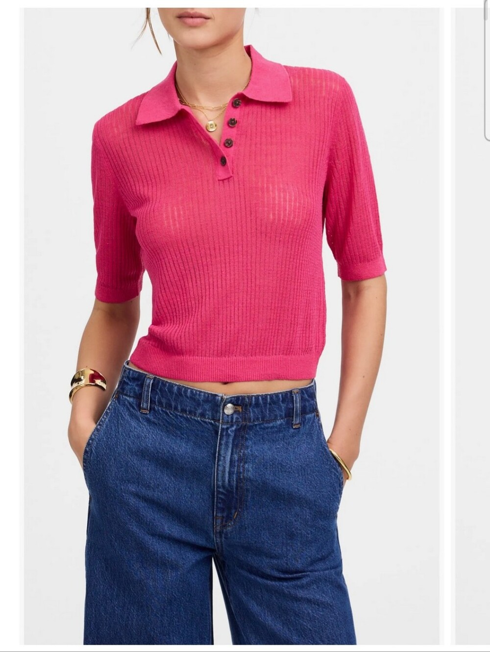 Madewell Short Ribbed Polo Sweater in Bright Pink S